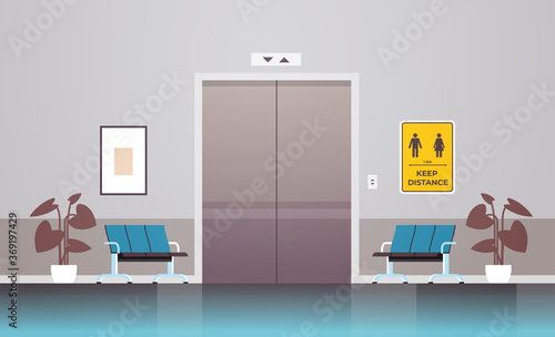 signboards for social distancing on on wall near coronavirus epidemic protection measures concept horizontal vector illustration