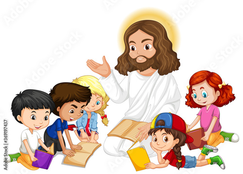 Jesus preaching to a children group cartoon character