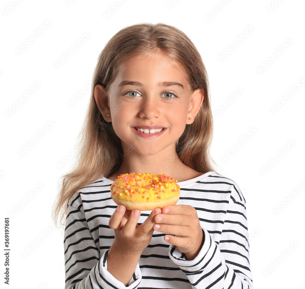 Funny little girl with donut on white background Funny little girl with donut on white background