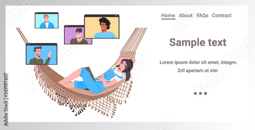 woman relaxing in hammock chatting with mix race friends in web browser windows during video call online conference meeting self isolation concept horizontal copy space vector illustration