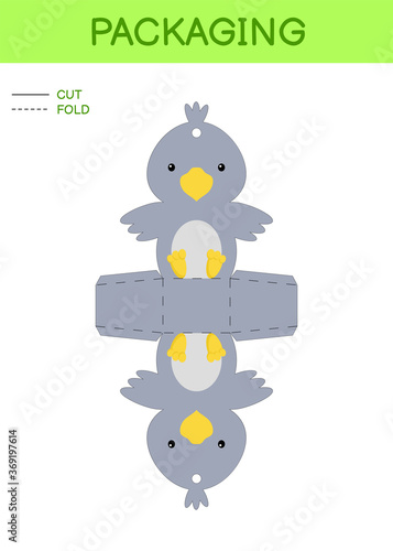 DIY party favor box die cut template design for birthdays, baby showers with cute raven for sweets, candies, small presents. Printable color scheme. Print, cut out, fold, glue. Vector illustration