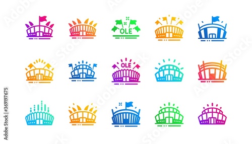 Ole chant, arena football, championship architecture. Sports stadium icons. Arena stadium, sports competition, event flag icons. Sport complex Classic set. Gradient patterns. Quality signs set. Vector