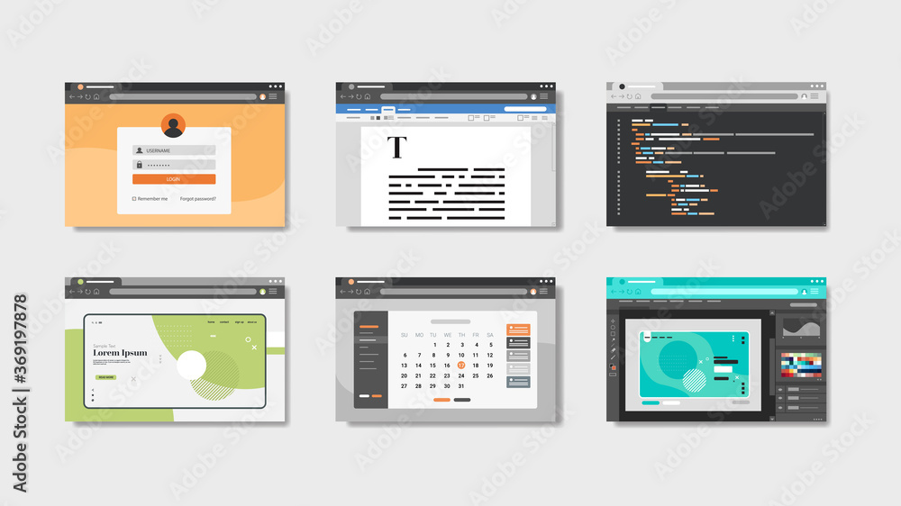 set landing pages website templates in web browser windows application development concept horizontal vector illustration set landing pages website templates in web browser windows application development concept horizontal vector illustration