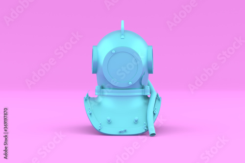 Painted Blue Scuba helmet on pink background. Front view. Underwater diving helmet in Minimal Style. Trendy duotone effect. 3D render Illustration.