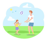 Family spending time in summer park playing with ball, leisure, kid and dad have fun, recreation, young man and little daughter play active game, playtime, relationships of parents and children