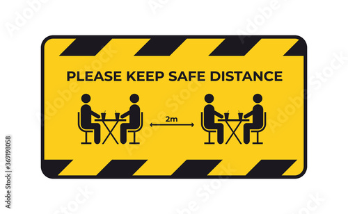 warning sign for social distancing coronavirus pandemic protection measures concept keep 2 meters distance yellow sticker vector illustration