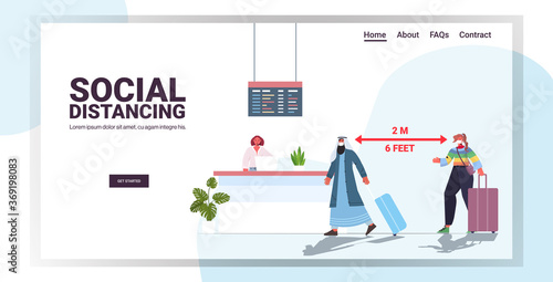 mix race passengers in protective masks standing at check-in counter keeping distance to prevent coronavirus social distancing concept airport terminal horizontal full length copy space vector