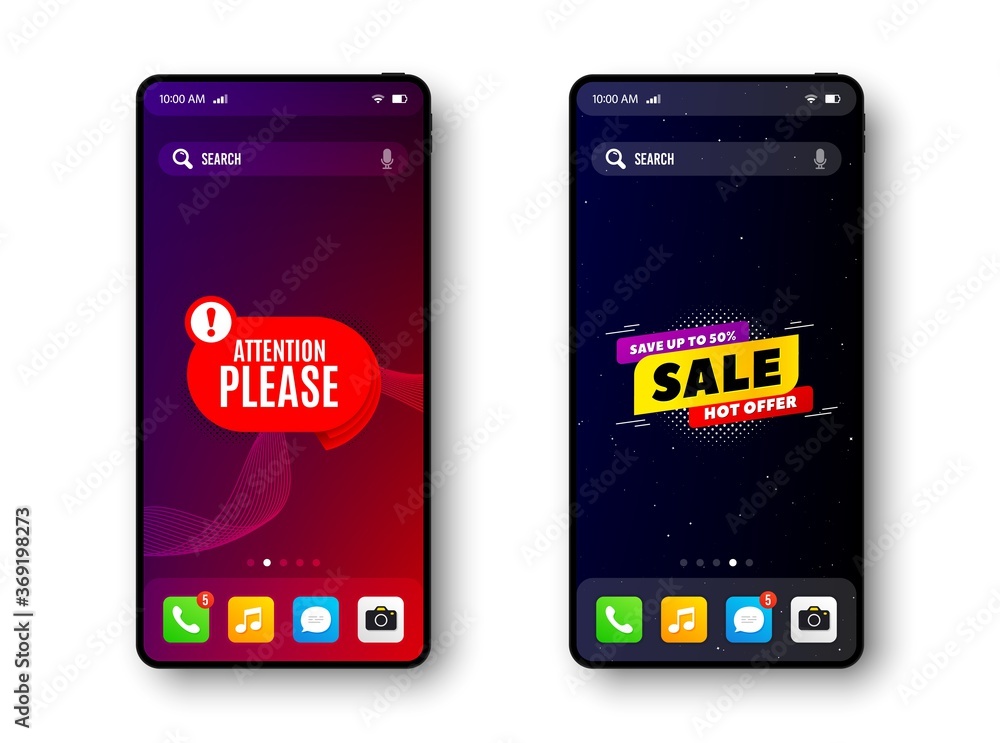 Vetor do Stock: Sale and Attention please bubble. Smartphone screen banner.  Discount offer badge. Mobile phone screen interface. Smartphone display  promotion template. Online application banner. Vector | Adobe Stock