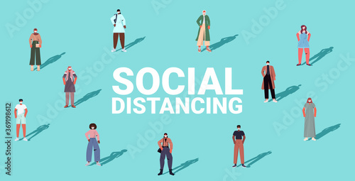mix race people keeping distance to prevent coronavirus pandemic social distancing concept horizontal full length isometric vector illustration