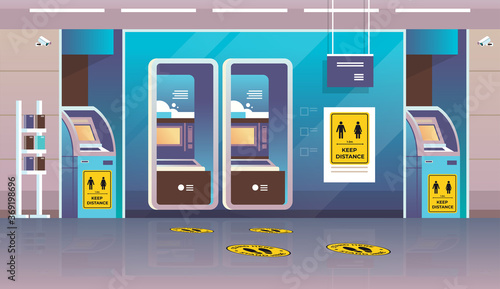 signs for social distancing on floor near ATM machine line up marking with round yellow sticker coronavirus epidemic protection measures concept horizontal vector illustration