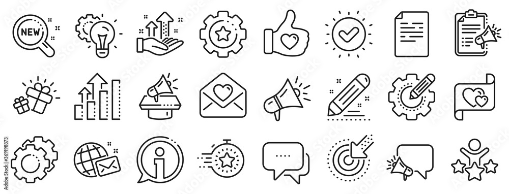 Business strategy, Megaphone and Representative. Brand social project line icons. Influence campaign, social media marketing, brand ambassador icons. Innovation, gift, like sign. Vector