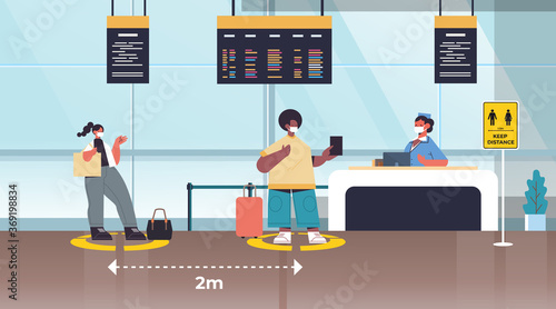 mix race passengers in protective masks standing at check-in counter keeping distance to prevent coronavirus social distancing concept airport terminal interior horizontal full length vector
