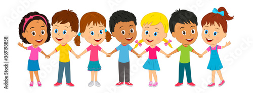 group of kids stand holding hands,illustration,vecor