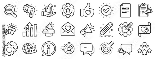 Business strategy, Megaphone and Representative. Brand social project line icons. Influence campaign, social media marketing, brand ambassador icons. Innovation, gift, like sign. Vector