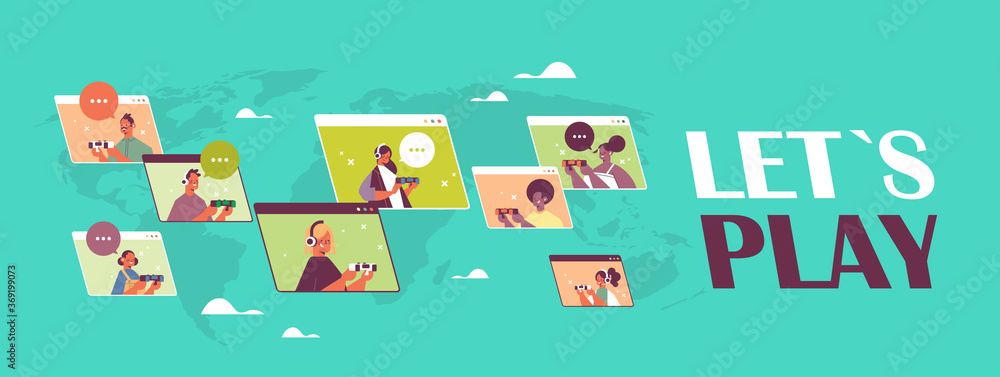 mix race friends using joysticks playing video games in web browser windows during virtual conference meeting lets play cncept horizontal portrait vector illustration