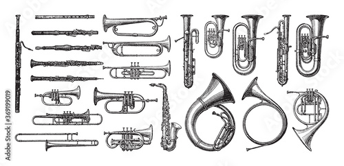 Music instrument collection of wind instruments - vintage engraved vector illustration from Petit Larousse Illustré 1914