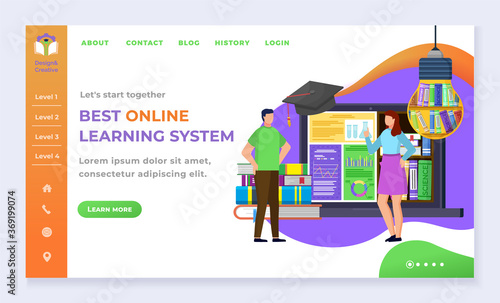 Education and online courses, landing web page template students and Internet library vector. Textbooks pile and laptop, knowledge, Internet site mockup. Subject learning and exam illustration