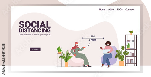 businesswomen discussing in protective masks mix race colleagues keeping distance to prevent coronavirus social distancing concept office interior horizontal full length copy space vector illustration