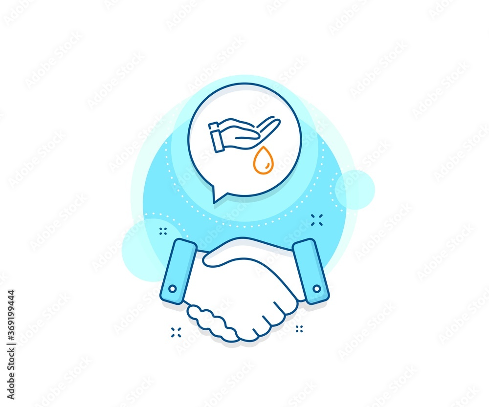 Obraz premium Wash hands symbol. Handshake deal complex icon. Moisturizing oil line icon. Skin care sign. Agreement shaking hands banner. Wash hands sign. Vector