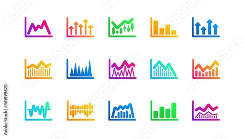 Candlestick graph, Infochart and Report diagram. Charts and graphs icons. Presentation classic icon set. Gradient patterns. Quality signs set. Vector