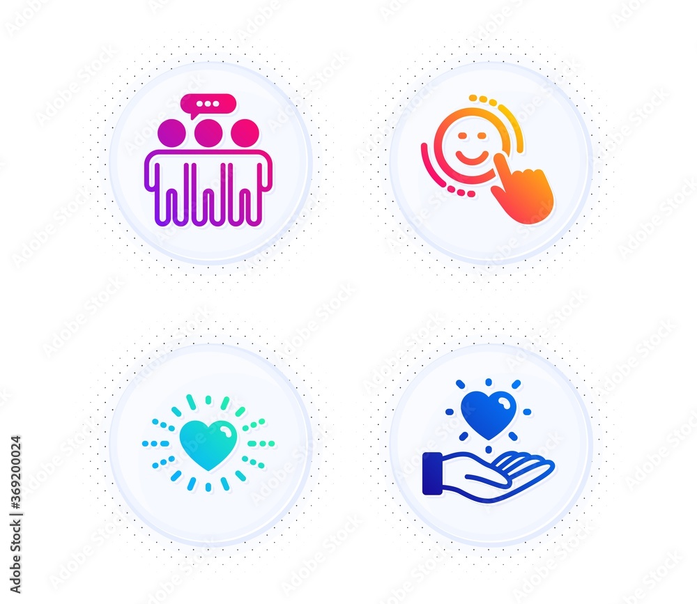 Heart, Employees group and Smile icons simple set. Button with halftone dots. Hold heart sign. Love, Collaboration, Positive feedback. Love brand. People set. Gradient flat heart icon. Vector