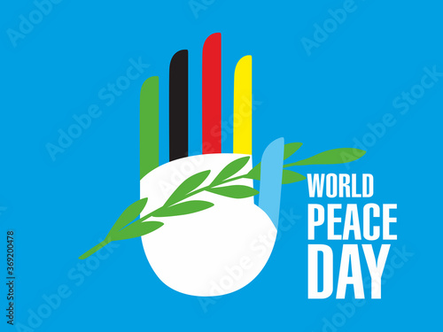 World Peace Day. Hand holds an olive branch. Colored fingers allegory of continents. Postcard poster