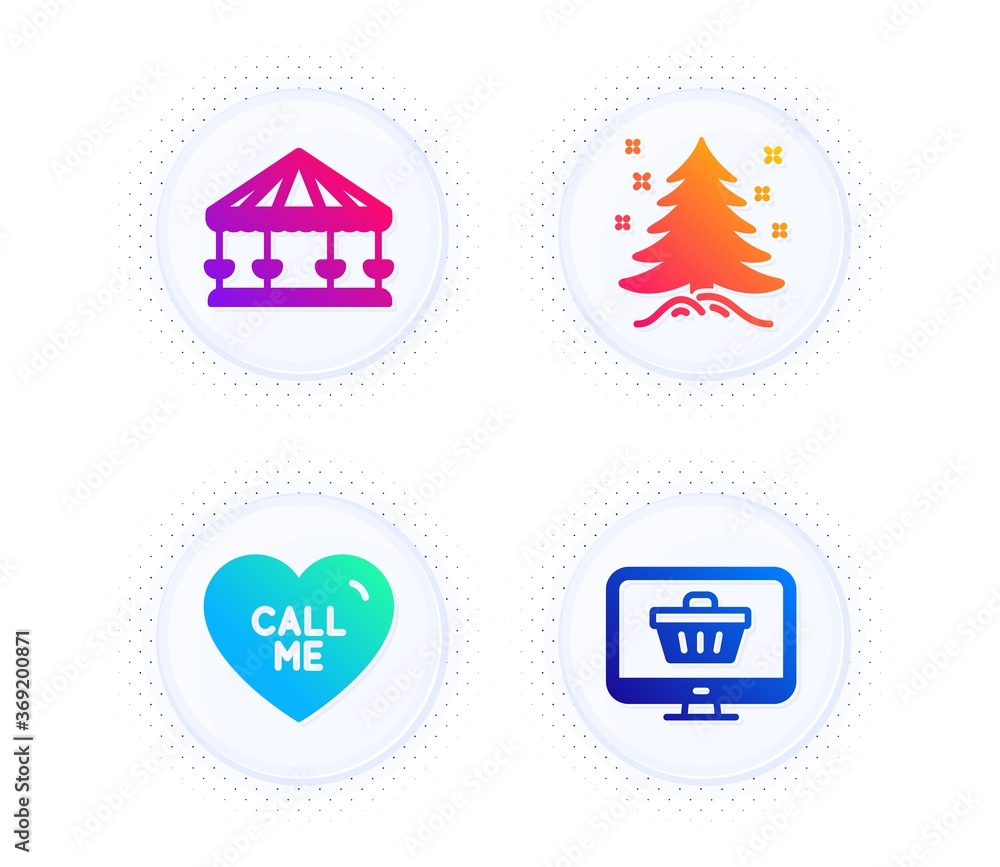 Call me, Carousels and Christmas tree icons simple set. Button with halftone dots. Web shop sign. Love sweetheart, Attraction park, Spruce. Shopping cart. Holidays set. Vector Call me, Carousels and Christmas tree icons simple set. Button with halftone dots. Web shop sign. Love sweetheart, Attraction park, Spruce. Shopping cart. Holidays set. Vector
