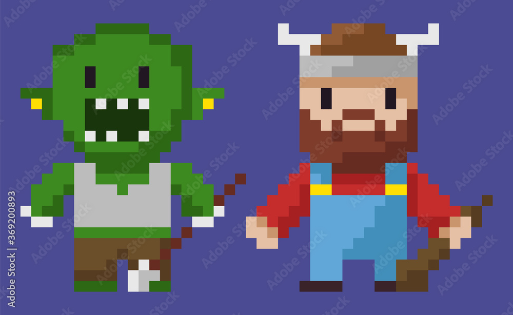 Pixel game graphics characters vector, isolated man with horns on hat, hero with weapon, zombie monster troll with arrow having metal pointer flat style Pixel game graphics characters vector, isolated man with horns on hat, hero with weapon, zombie monster troll with arrow having metal pointer flat style