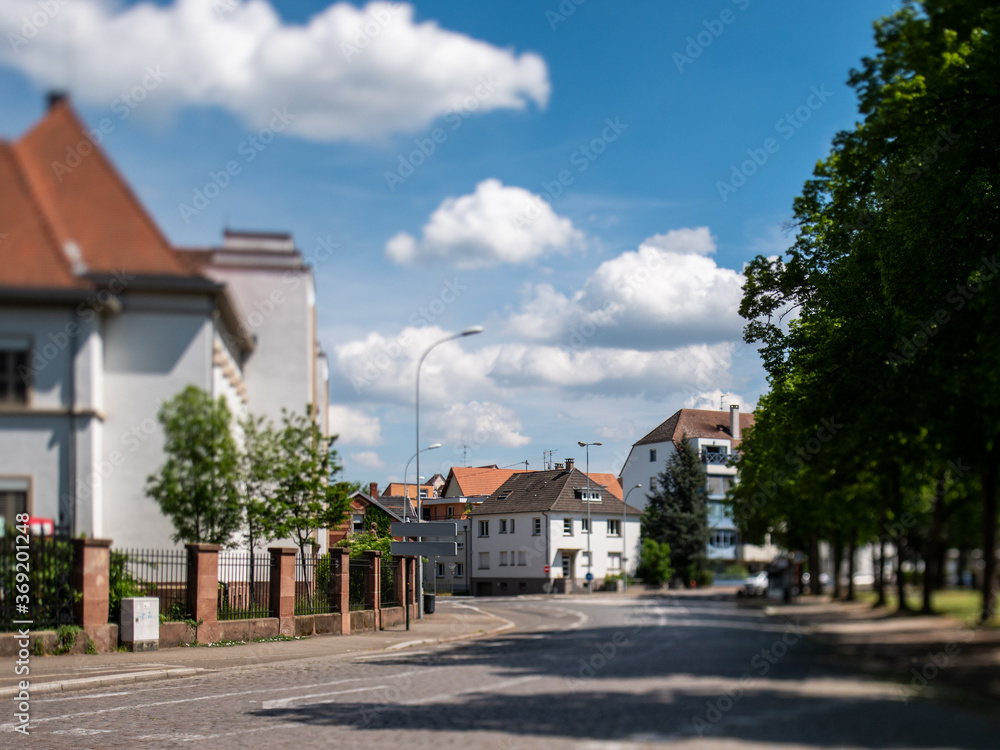 Tilt-shift view of the French city of Haguenau in Alsace with empty street during Coronavirus confinement lockdown