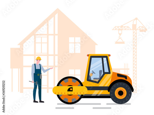 Man worker holding hammer standing near pressure machine, roadwork and building. House construction and crane equipment, pavement technology vector