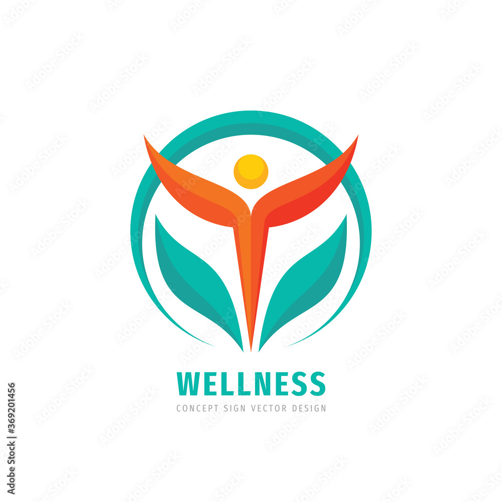 Wellness business logo template concept. Abstract human character and green leaves. Healthcare creative logo sign. Happiness icon. Graphic design element. Vector illustration. Wellness business logo template concept. Abstract human character and green leaves. Healthcare creative logo sign. Happiness icon. Graphic design element. Vector illustration.