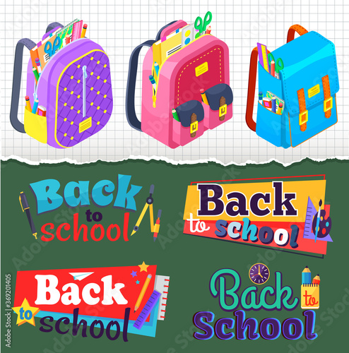 Back to school concept banner vector, set of satchels with supplies and textbooks. Scissors and pencils, ruler and tools for education Flat cartoon