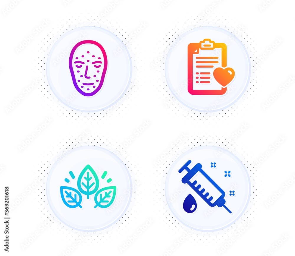 Patient history, Organic tested and Face biometrics icons simple set. Button with halftone dots. Medical syringe sign. Medical survey, Bio ingredients, Facial recognition. Vaccination. Vector