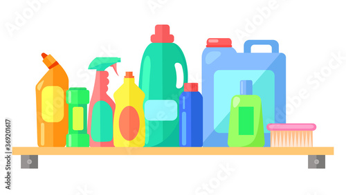 Cleaning tools, collection of bottle with laundry detergent, toilet cleaner, cleanser, spray for cleaning window or glass, brush, container with liquid for washing clothes, dishwashing liquid