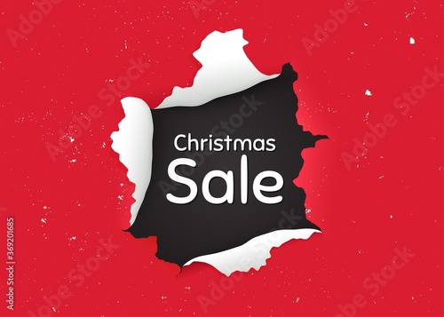Christmas Sale. Ragged hole, torn paper banner. Special offer price sign. Advertising Discounts symbol. Paper with ripped edges. Torn hole red background. Christmas sale promotion banner. Vector