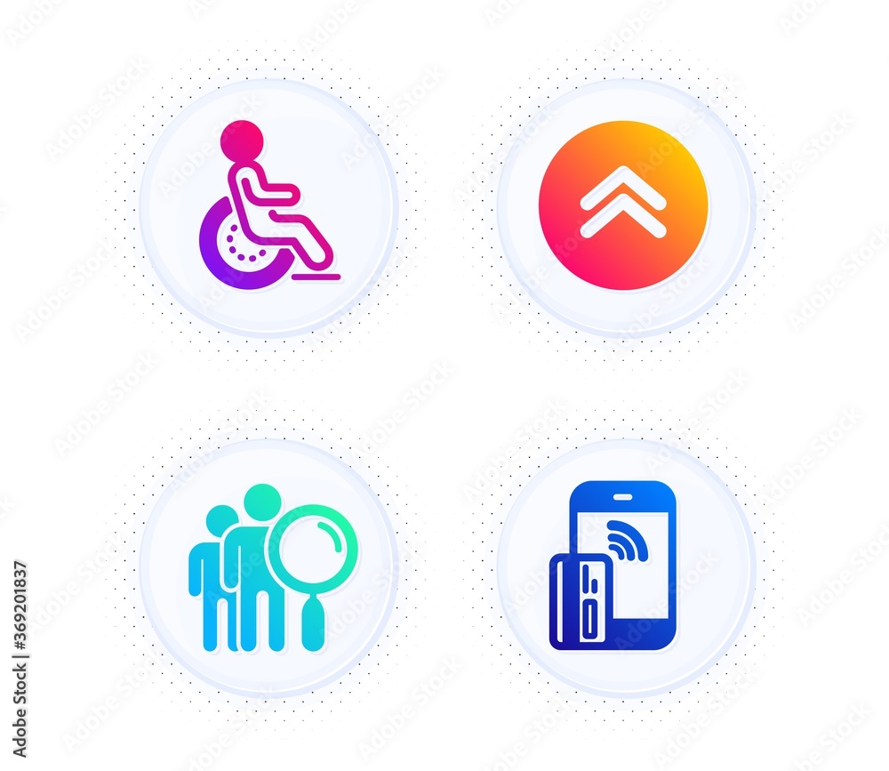 Swipe up, Search people and Disability icons simple set. Button with halftone dots. Contactless payment sign. Scroll screen, Find employee, Disabled person. Phone money. Business set. Vector Swipe up, Search people and Disability icons simple set. Button with halftone dots. Contactless payment sign. Scroll screen, Find employee, Disabled person. Phone money. Business set. Vector