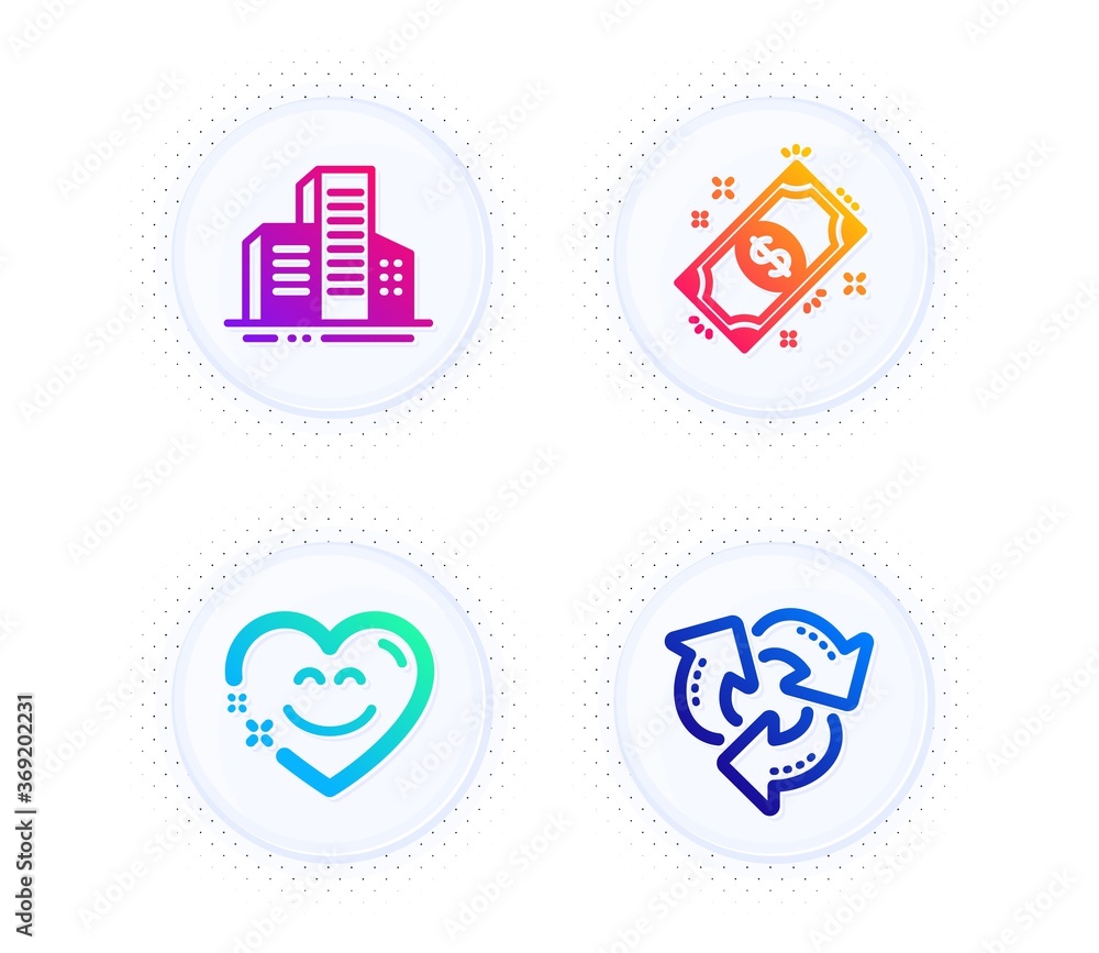 Payment, Smile chat and Buildings icons simple set. Button with halftone dots. Recycle sign. Finance, Heart face, City architecture. Recycling waste. Business set. Gradient flat payment icon. Vector Payment, Smile chat and Buildings icons simple set. Button with halftone dots. Recycle sign. Finance, Heart face, City architecture. Recycling waste. Business set. Gradient flat payment icon. Vector