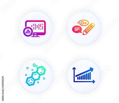Keywords, Report statistics and Chemical formula icons simple set. Button with halftone dots. Chart sign. Pencil with key, Graph chart, Chemistry. Education set. Gradient flat keywords icon. Vector © blankstock