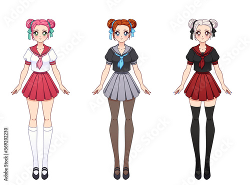 Set of three anime girls. Cute girls with big eyes.