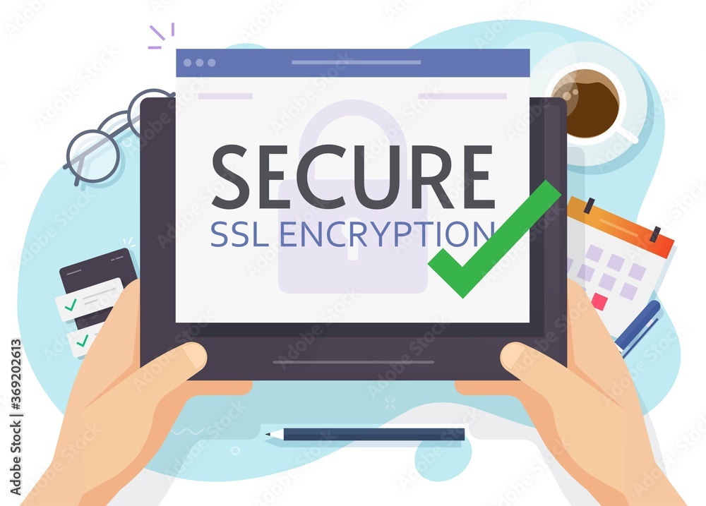 Digital tablet computer and SSL secure encrypted connection in person hand vector flat illustration, working on safe encryption, data protection as https technology desktop office Digital tablet computer and SSL secure encrypted connection in person hand vector flat illustration, working on safe encryption, data protection as https technology desktop office