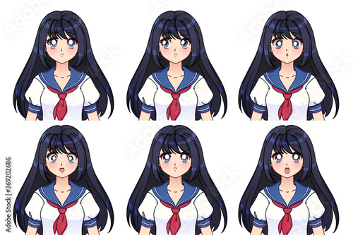 Set of anime expressions. Cute girl with long black hair.