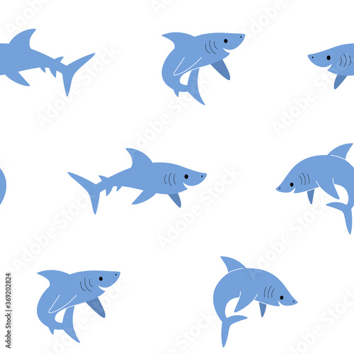 Simple seamless trendy pattern with shark. Flat design print on white background.