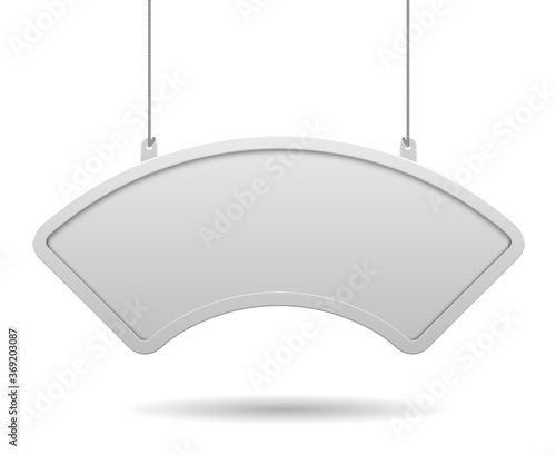 Hanging cambered white signboard in a frame on a white background. Vector illustration