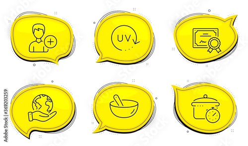 Boiling pan sign. Diploma certificate, save planet chat bubbles. Add person, Uv protection and Cooking mix line icons set. Edit user data, Skin cream, Bowl. Cooking timer. Outline icons set. Vector