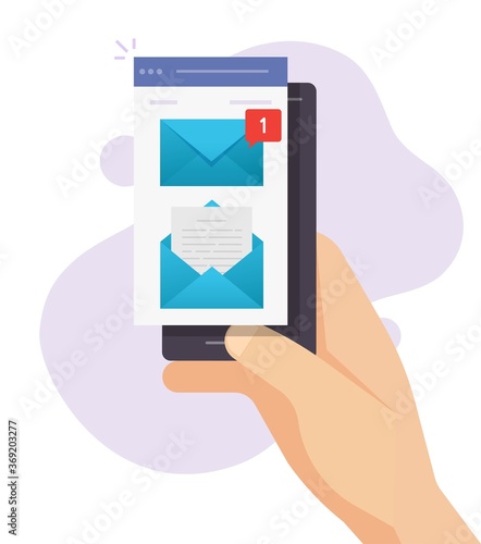 New email message notice notification on mobile phone person hand vector, digital smartphone mail letter unread and read flat cartoon, electronic newsletter listing received idea modern