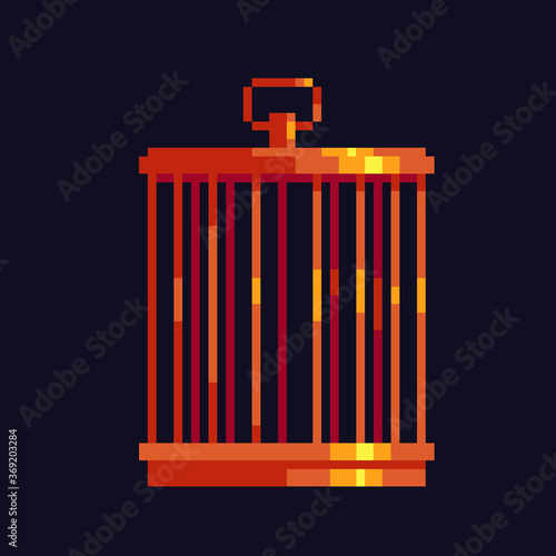Bird cage pixel art icon isolated vector illustration. Element design for stickers, logo, embroidery, mobile app. Video game assets 8-bit sprite.