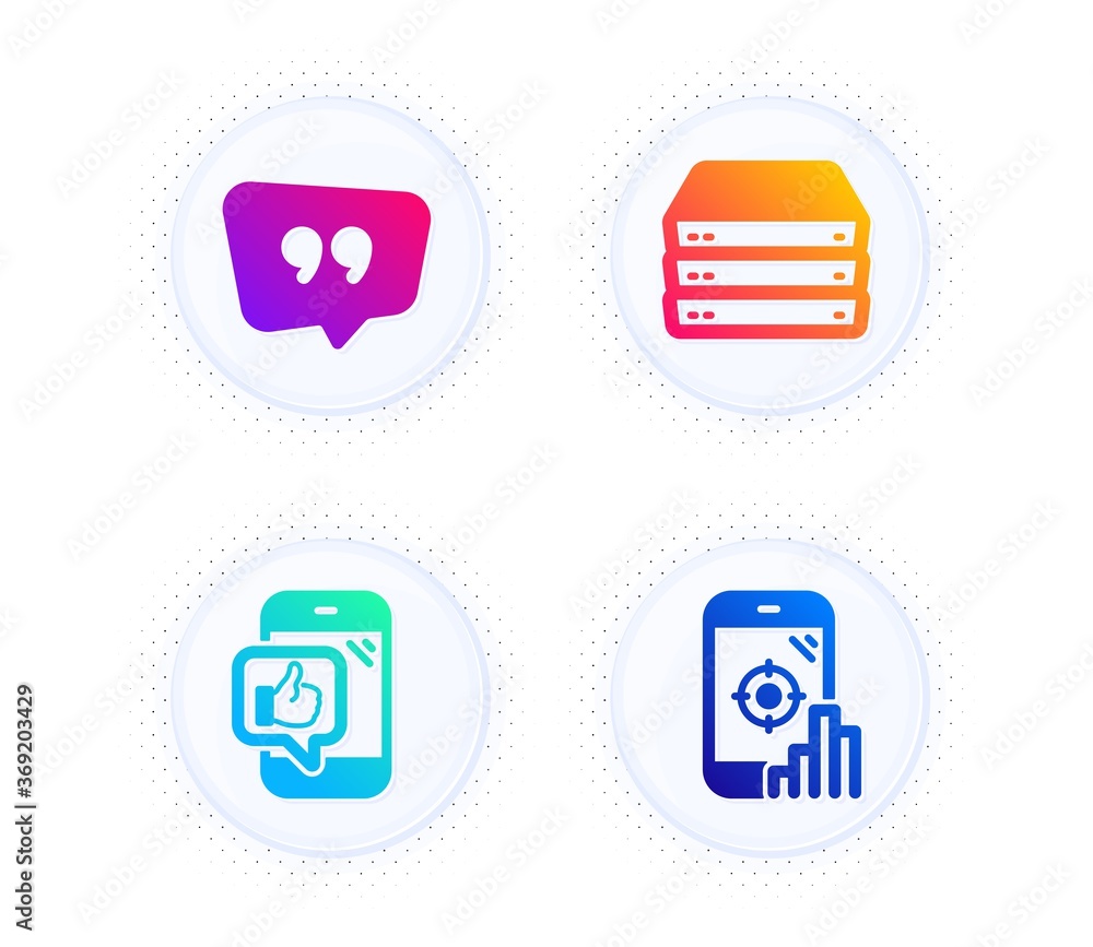 Servers, Mobile like and Quote bubble icons simple set. Button with halftone dots. Seo phone sign. Big data, Phone thumbs up, Chat comment. Search engine. Business set. Vector Servers, Mobile like and Quote bubble icons simple set. Button with halftone dots. Seo phone sign. Big data, Phone thumbs up, Chat comment. Search engine. Business set. Vector