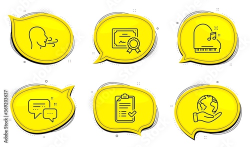 Piano sign. Diploma certificate, save planet chat bubbles. Breathing exercise, Employees messenger and Approved checklist line icons set. Breath, Speech bubble, Accepted message. Fortepiano. Vector