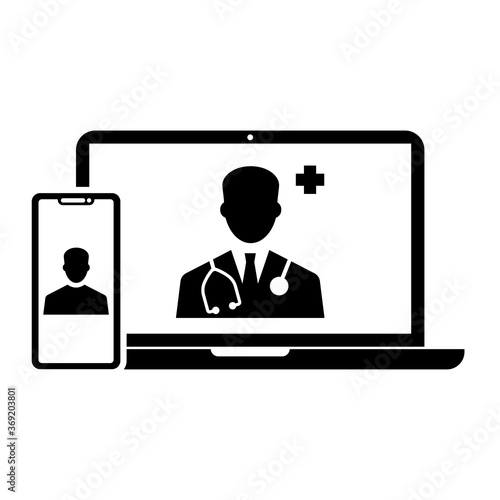 Telemedicine or telehealth virtual visit / video visit with male doctor on laptop computer flat vector icon for healthcare apps and websites isolate on white background.