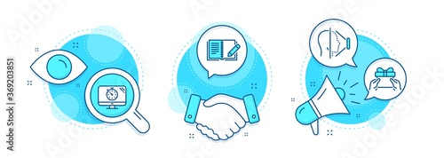 Seo timer, Feedback and Give present line icons set. Handshake deal, research and promotion complex icons. Face id sign. Analytics, Book with pencil, Receive a gift. Phone scanning. Vector